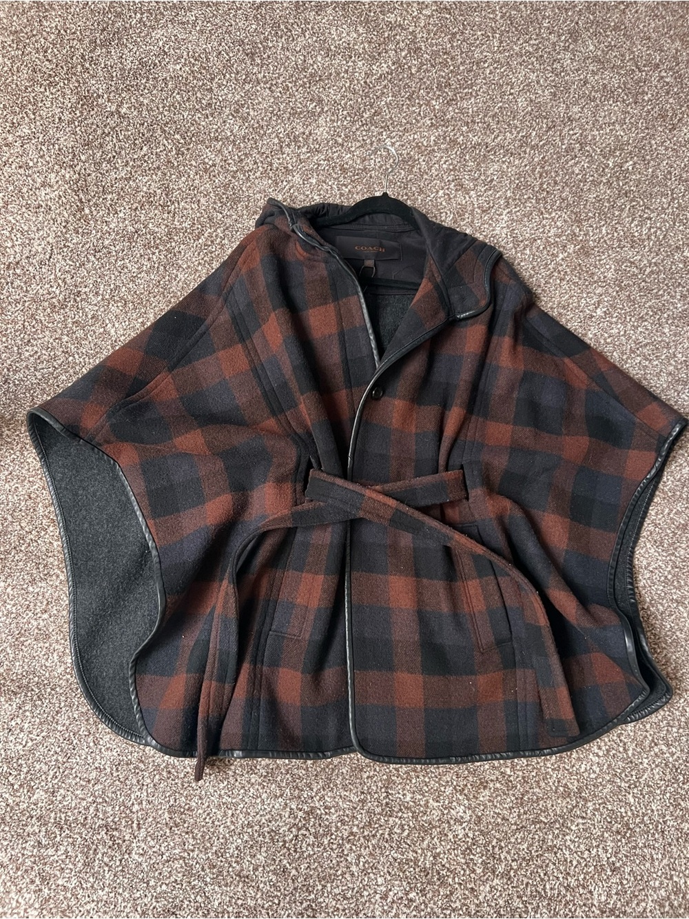 Coach Hooded Plaid Belted Cape Jacket - Black & Brown